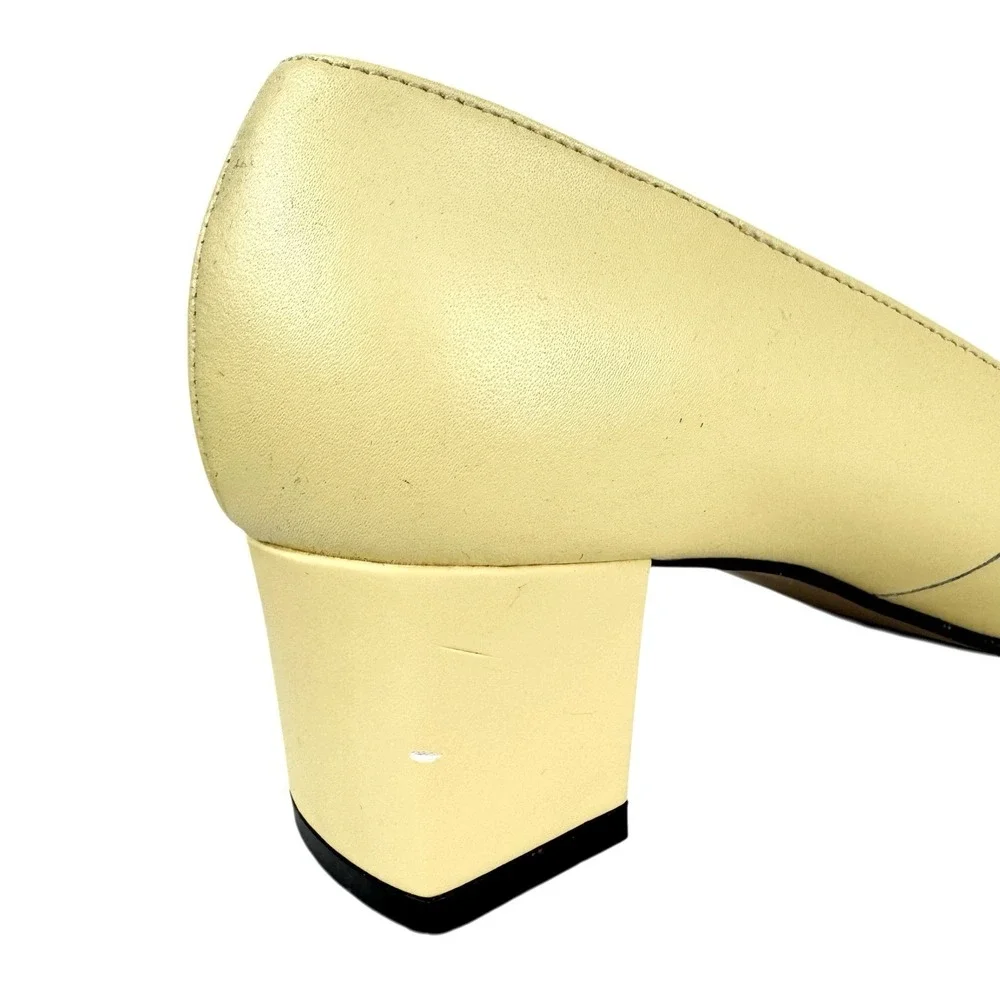 Retro Square Toe‎ Leather Heels 7.5W Pastel Yellow Block Heel 60's Mod Office